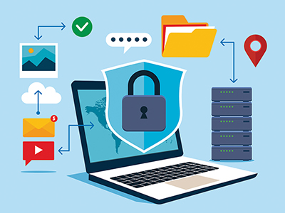 Identity theft protection concept with secure laptop, cybersecurity shield, and data storage icons