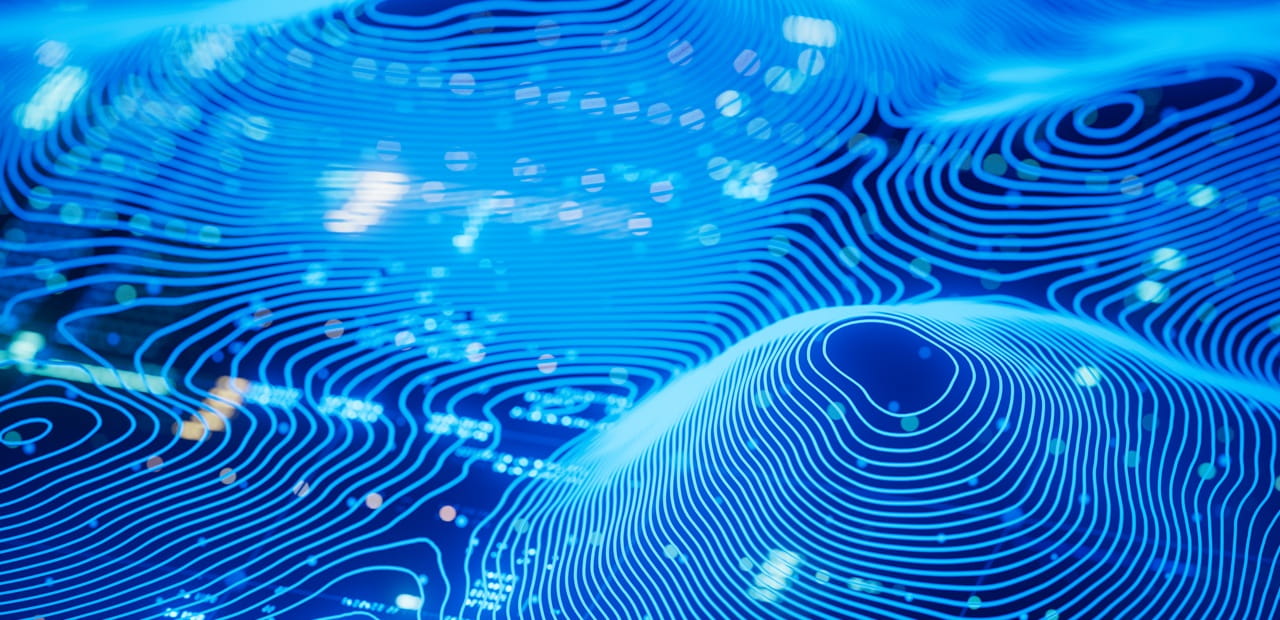 Abstract blue digital landscape with glowing contour lines forming wave‑like shapes