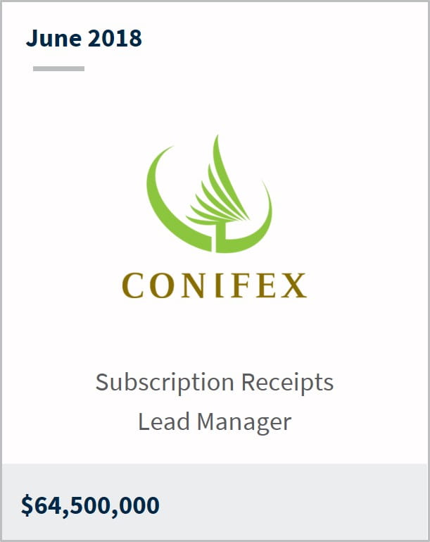 June 2018 Conifex $64,500,000 subscription receipts lead manager