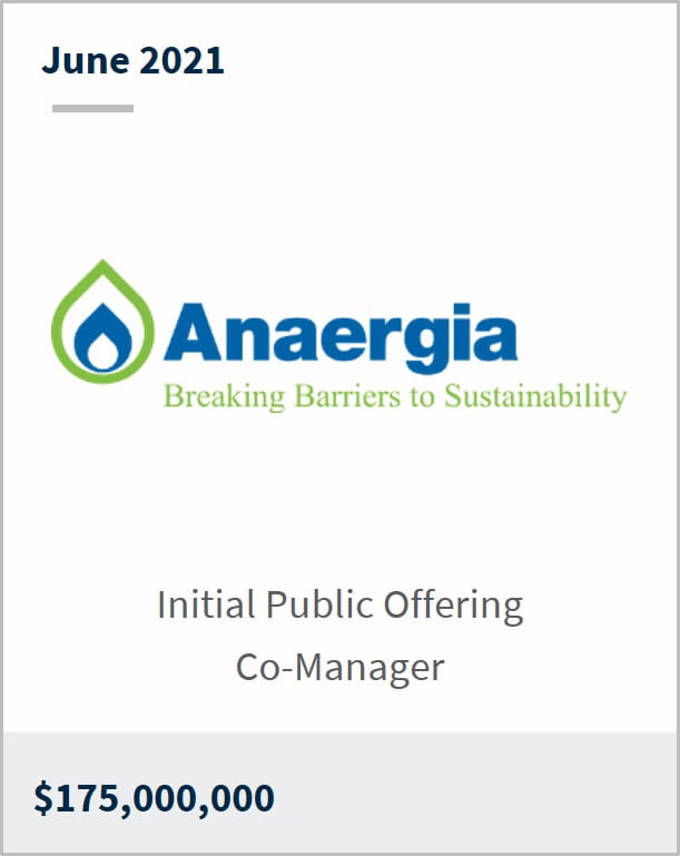 June 2021 Anaergia $175,000,000 initial public offering co-manager