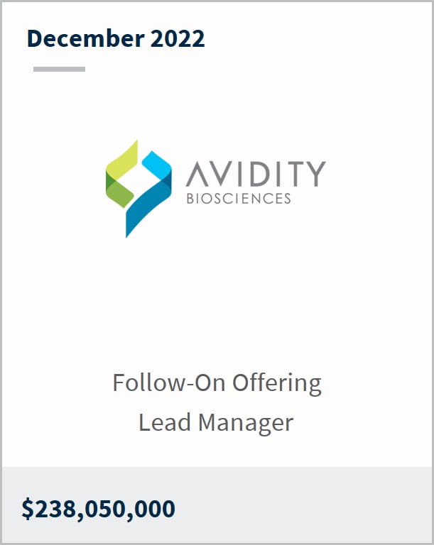 December 2022 Avidity Biosciences $238m Follow-On Offering Lead Manager