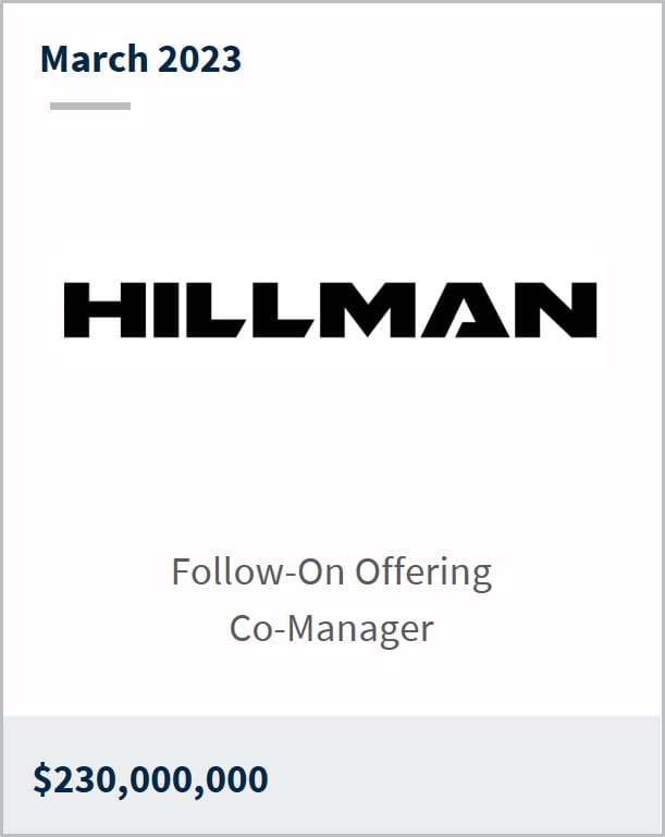 March 2023 Hillman $230m Follow-On Offering Co-Manager