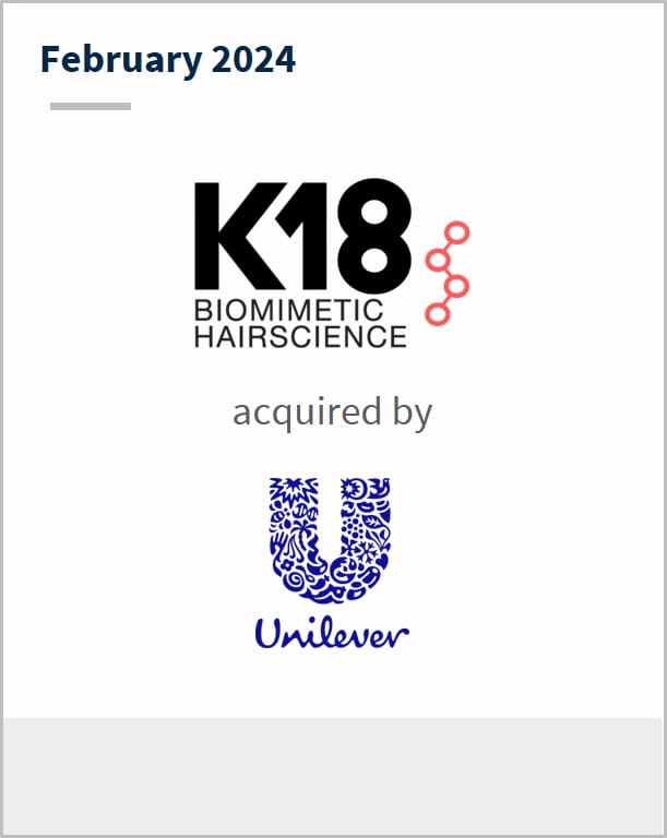 February 2024 K18 Biomimetic Hairscience Has been acquired by Unilever
