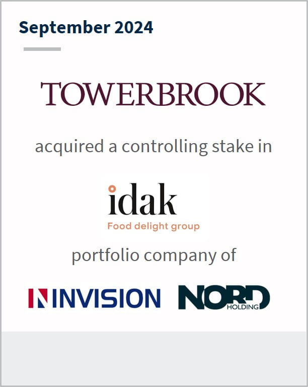 September 2024 Towerbrook Has acquired a controlling stake in IDAK Food Group A portfolio company of Invision Nord Holding