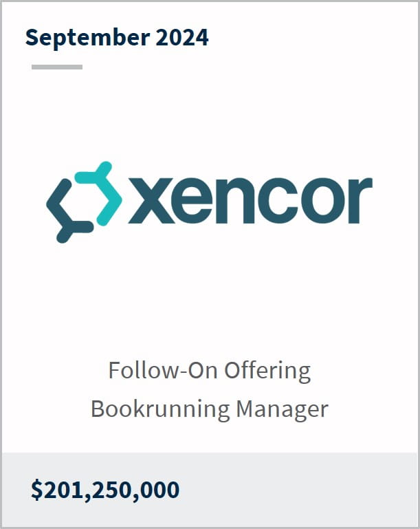 September 2024 Xencor $201,250,000 Follow-On Offering Bookrunning Manager